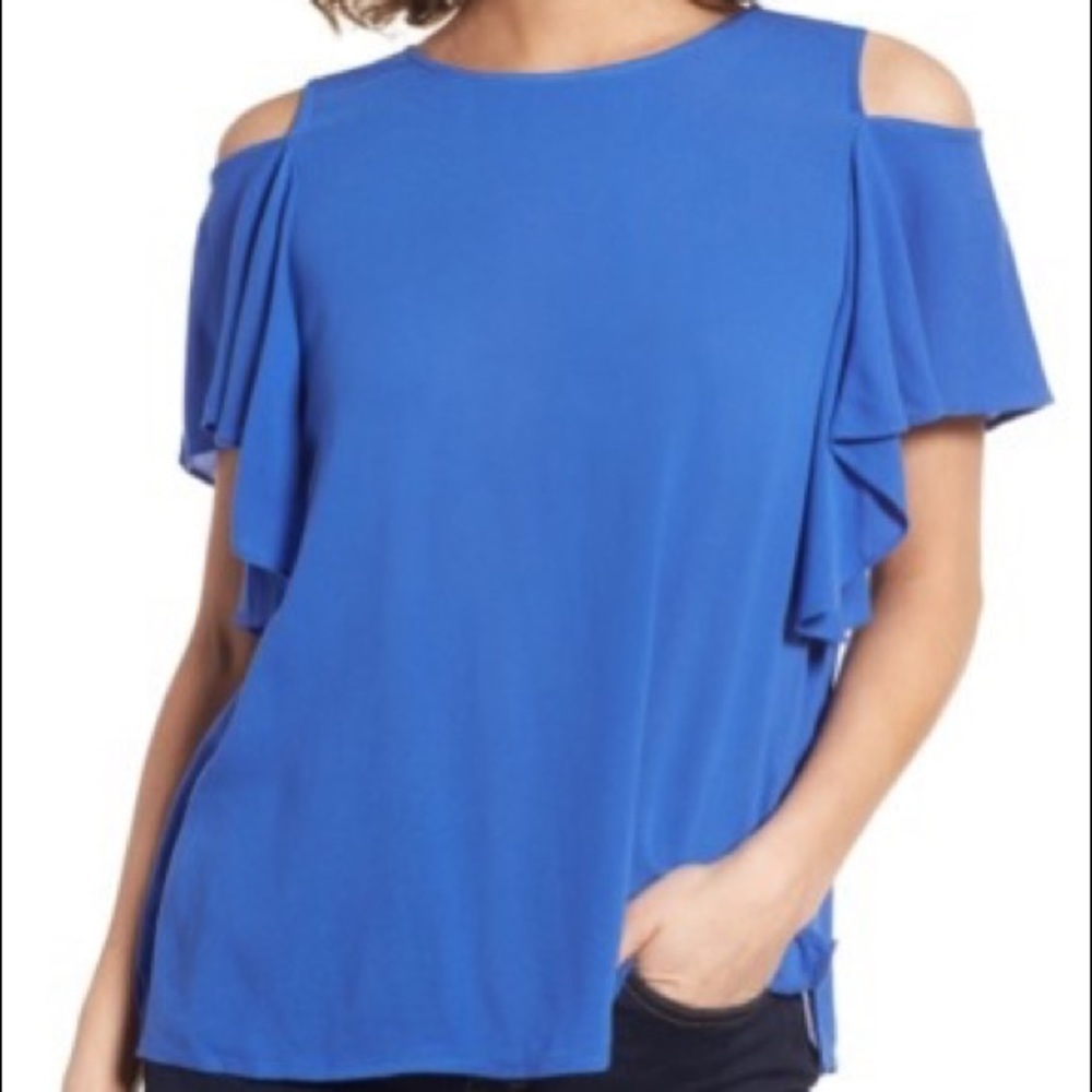 BP. Blue Ruffle Cold Shoulder Blouse